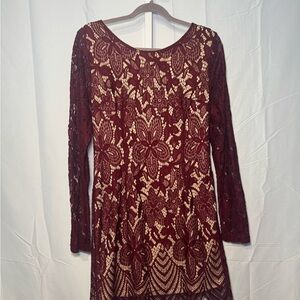 Elegant Burgundy Charlotte Russe Lace Long Sleeve Dress Size XL